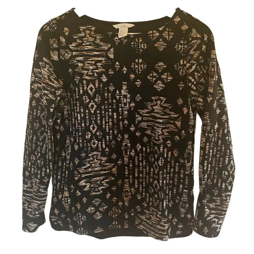 H&M Aztec print XS black tan white long sleeve boho crew